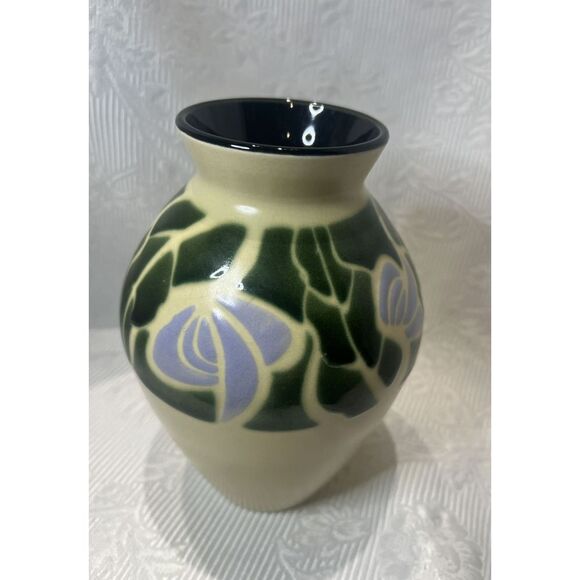 Art Nouveau Deco Lily Vase Vintage Japan Purple Lilies Green Cream - Picture 1 of 7